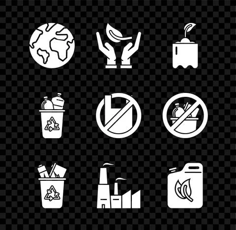 Set Earth globe Sprout in hand of environmental protection bottle Recycle bin Ilustración de archivo