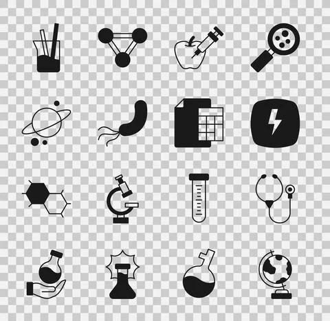Set Earth globe, Stethoscope, Lightning bolt, Genetically modified apple Stock Illustration