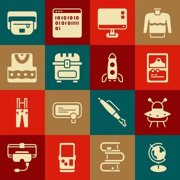 Set Earth globe, UFO flying spaceship, Card game, Computer monitor screen イラスト素材