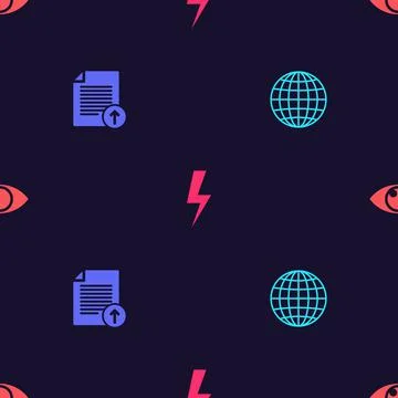 Set Earth globe, Upload file, Lightning bolt and Eye on seamless pattern. Vector Stock Illustration