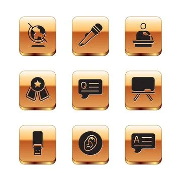 Set Earth globe, USB flash drive, listen sound signal, Speech bubbles with Illustrazione stock