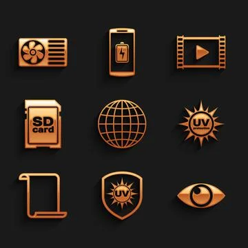 Set Earth globe, UV protection, Eye, , Paper scroll and SD card icon. Vector Stock Illustration
