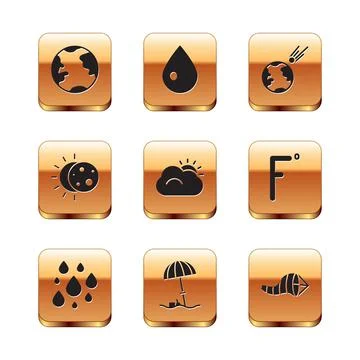 Set Earth globe, Water drop, Sun protective umbrella for beach, and cloud Stock Illustration