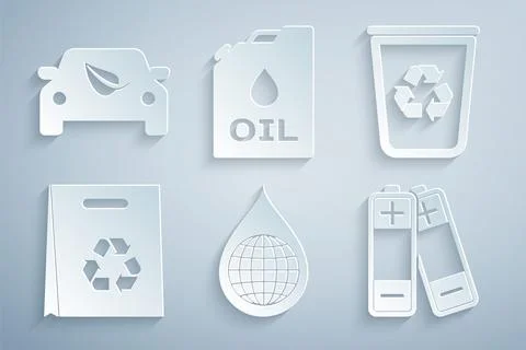 Set Earth planet in water drop, Recycle bin with recycle, Shopping bag, Battery Stock Illustration