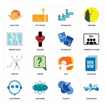 Set of earthquake, telecom, live support, dab, vocabulary, broken glass, book Illustrazione stock gratuita