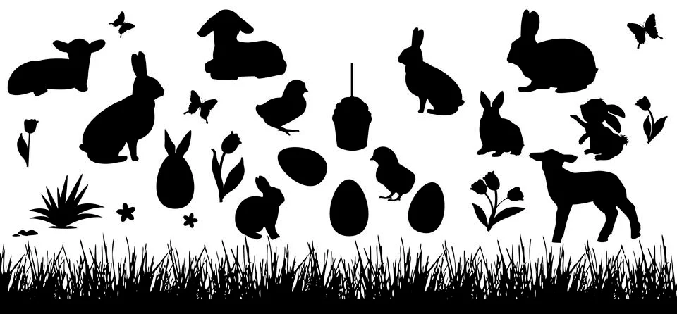 Set of easter animals. Silhouettes of rabbits, chicks and lambs Stock Illustration