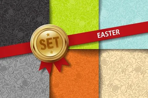 Set of easter backgrounds with doodle icons in different colors Illustrazione stock