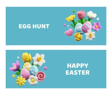 Set of Easter banners with 3D modeling flowers and eggs. Plasticine hand Illustrazione stock
