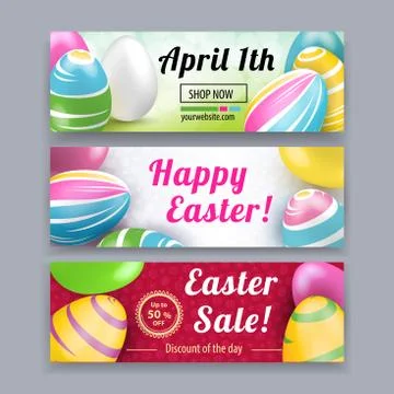Set of Easter banners. Pink yellow white Easter eggs on the red, white, yellow Stock Illustration