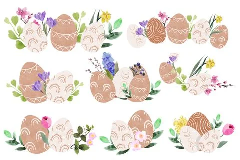 Set of easter boho eggs on an isolated white background, floral design Stock Illustration