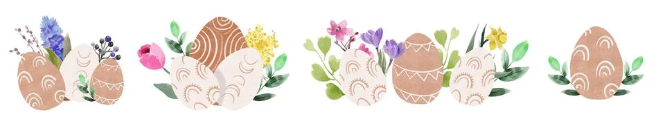 Set of easter boho eggs on an isolated white background, floral design Stock Illustration