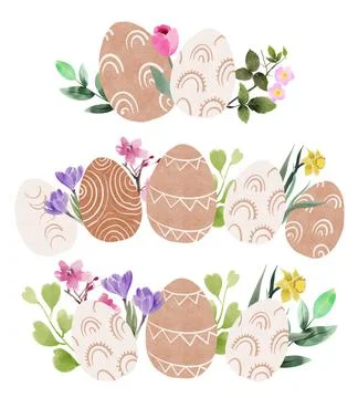 Set of easter boho eggs on an isolated white background, floral design Illustrazione stock