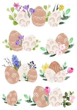 Set of easter boho eggs on an isolated white background, floral design Stock Illustration