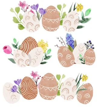 Set of easter boho eggs on an isolated white background, floral design Stock Illustration