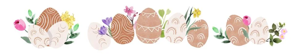 Set of easter boho eggs on an isolated white background, floral design Stock Illustration