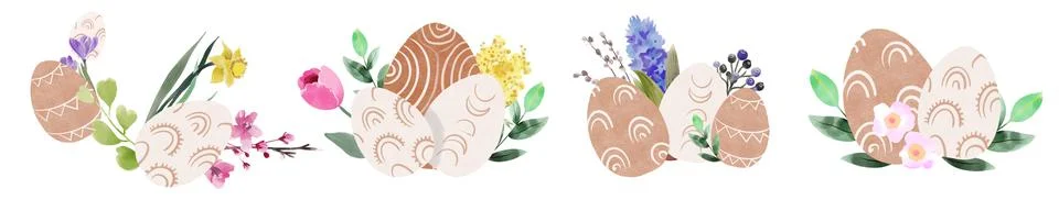 Set of easter boho eggs on an isolated white background, floral design Stock Illustration