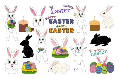 Set of Easter Bunnies, Eggs and Holiday Icons on White Background Illustrazione stock