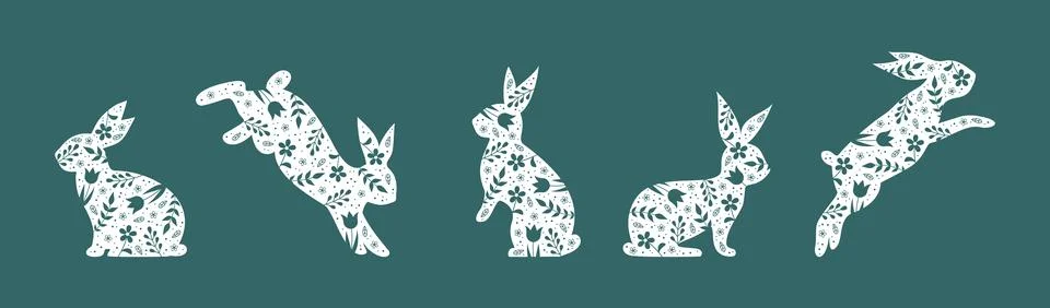 Set of Easter bunnies with a floral pattern on a dark green background Stock Illustration