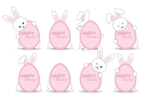 A set of Easter bunnies hiding behind a pink egg with an Easter holiday inscr Stock Illustration