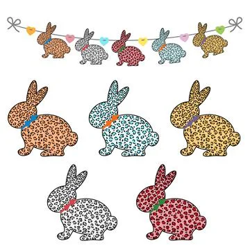 Set of Easter bunny and garland templates, leopard print Stock Illustration