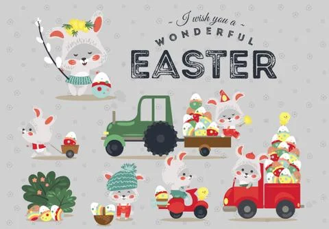 Set of Easter bunny drive car with truck, decorated eggs hunter holding full Stock Illustration