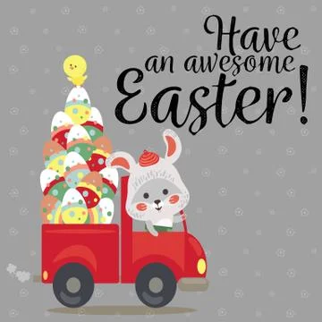 Set of Easter bunny drive car with truck, decorated eggs hunter holding full Stock Illustration