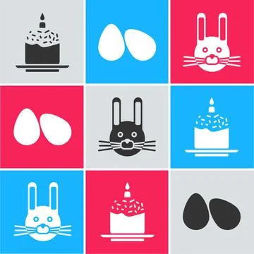 Set Easter cake and candle, Easter eggs and Easter rabbit icon. Vector Illustrazione stock