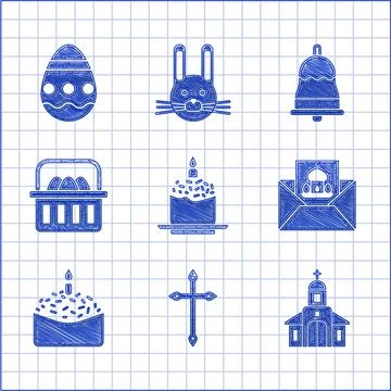 Set Easter cake and candle, Christian cross, Church building, Greeting card with Ilustración de archivo