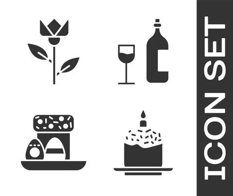 Set Easter cake and candle, Flower tulip, Easter cake and eggs and Wine bottle Stock Illustration