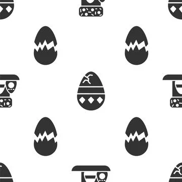 Set Easter cake and eggs, Cracked egg and Broken egg on seamless pattern. Vector Stock Illustration