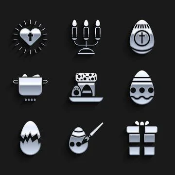 Set Easter cake and eggs, paint brush, Gift box, Broken, Egg hot pot, and Stock Illustration