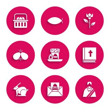 Set Easter cake and eggs, Greeting card with Happy, Jesus Christ, Holy bible 스톡 일러스트