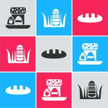 Set Easter cake and eggs, Easter egg and Bread loaf icon. Vector 스톡 일러스트