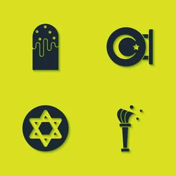 Set Easter cake, Aspergillum, Star of David and and crescent icon. Vector Illustrazione stock
