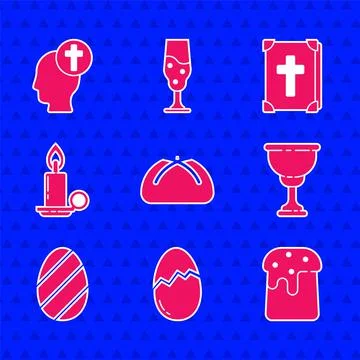 Set Easter cake, Broken egg, Christian chalice, Burning candle in candlestick Stock Illustration