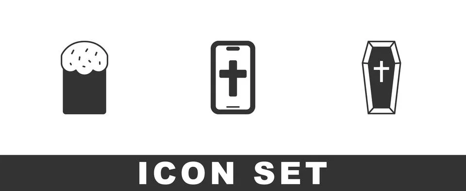 Set Easter cake, Christian cross on phone and Coffin icon. Vector Stock Illustration