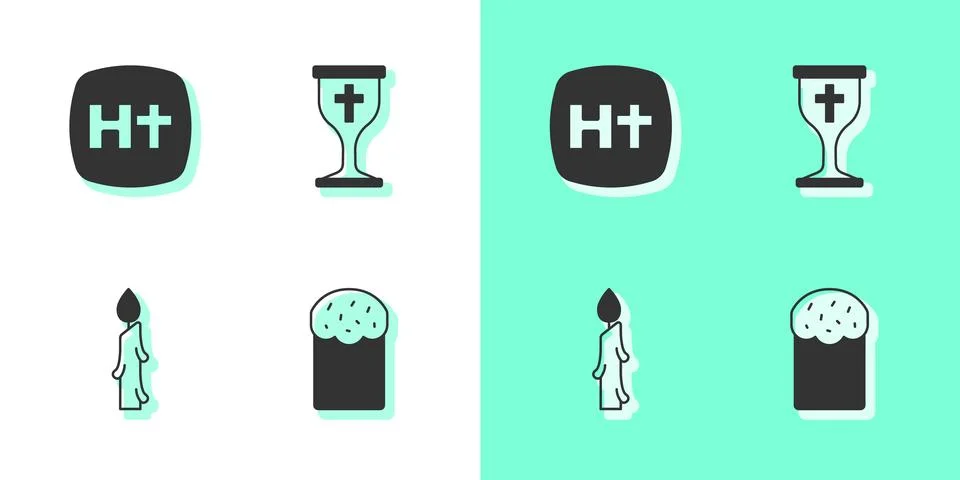 Set Easter cake, Christian cross, Burning candle and chalice icon. Vector Illustrazione stock