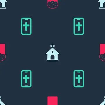 Set Easter cake, Church building and Christian cross on phone on seamless Ilustración de archivo