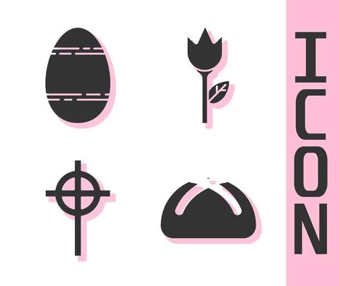 Set Easter cake, Easter egg, Christian cross and Flower tulip icon. Vector Illustrazione stock