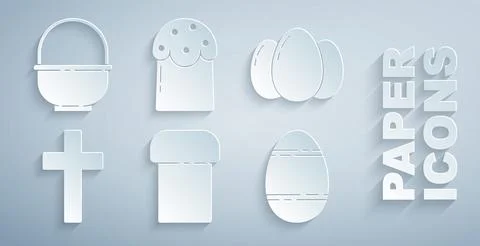 Set Easter cake, eggs, Christian cross, and Basket icon. Vector Stock Illustration