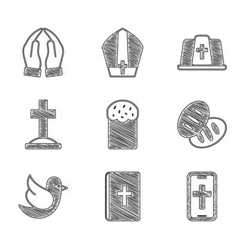 Set Easter cake, Holy bible book, Christian cross on phone, bread, Dove, Gr.. 스톡 일러스트