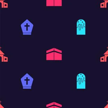 Set Easter cake, Pope hat, Kaaba mosque and Church building on seamless pattern Ilustración de archivo
