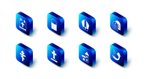 Set Easter cake, Pope hat, Holy bible book, Dove, Church building, Grave with Ilustración de archivo