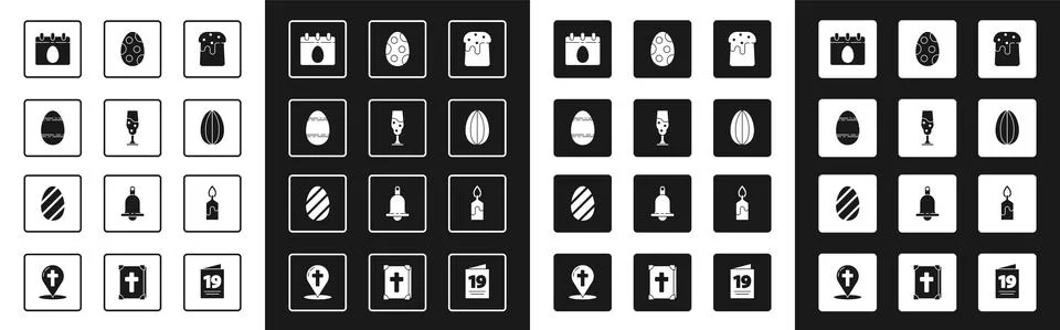 Set Easter cake, Wine glass, egg, Calendar with, Burning candle and icon. Vector 스톡 일러스트