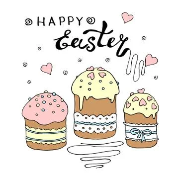 Set of Easter cakes or sweet bread or Paska. Simple hand drawn vector illustr Stock Illustration