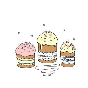 Set of Easter cakes or sweet bread or Paska. Simple hand drawn vector illustr Stock Illustration