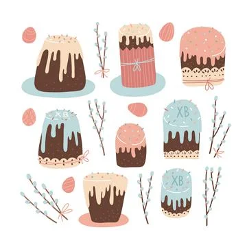 Set of Easter cakes, painted eggs and Willow branches. Vector flat hand drawn Stock Illustration
