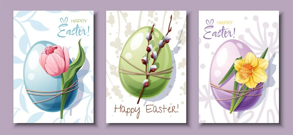 Set of Easter card with an egg and a pussy willow, daffodil and tulip. Banner Stock Illustration
