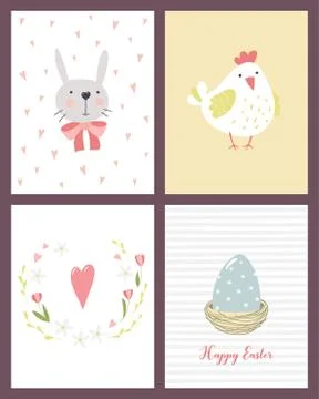 Set of Easter cards with cartoon bunny, chicken, painted egg in the nest and  Stock Illustration
