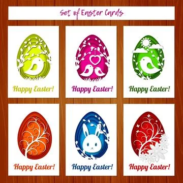 Set of Easter cards with colorful eggs in paper cutting style on wooden bac.. Illustrazione stock